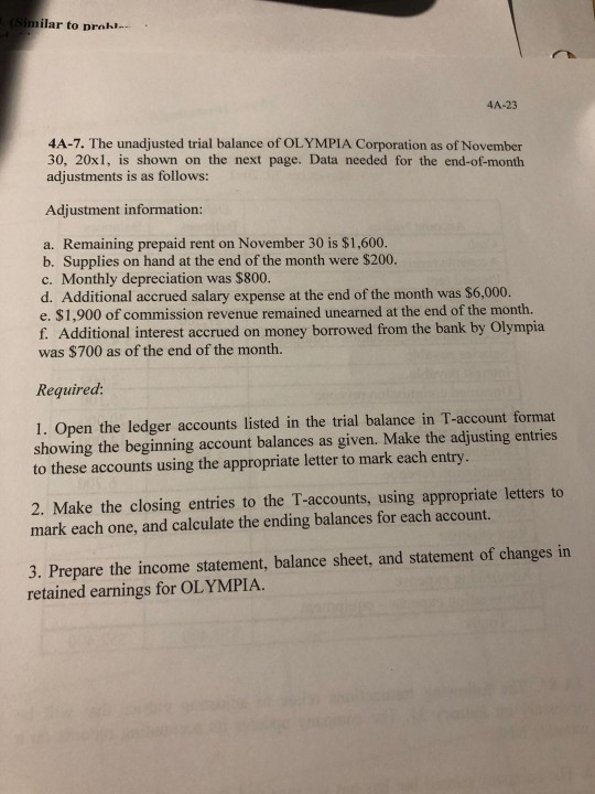 Similar to prehi . 4A-23 4A-7. The unadjusted trial balance of OLYMPIA Corporation as of November 30, 20x1, is shown on the n