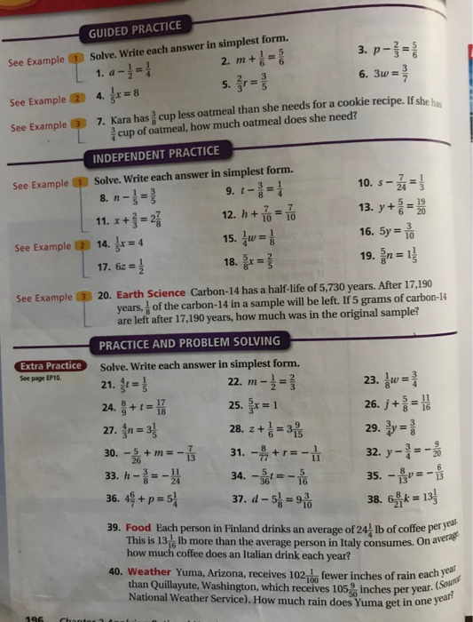 GUIDED PRACTICE See Example Solve. Write each answer in simplest form. L 1. a-1 = 1 2. m+ See Example 2 4. = 8 3. p-}= 1 6. 3