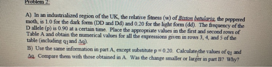 Problem 2: A) In an industrialized region of the UK, the relative fitness (w) of Biston betularia, the peppered moth, is 1.0