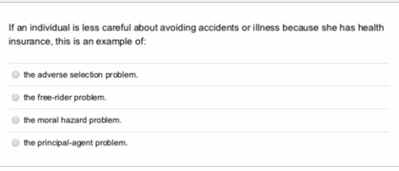 If an individual is less careful about avoiding accidents or illness because she has health insurance, this is an example of