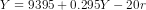 Y = 9395 + 0.295 Y - 20 r