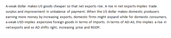 A weak dollar makes US goods cheaper so that net exports rise. A rise in net exports implies trade surplus and improvement in unbalance of payment. When the US dollar makes domestic producers earning more money by increasing exports, domestic firms might expand while for domestic consumers a weak USD implies expensive foreign goods in terms of imports. In terms of AD-AS, this implies a rise in netexports and so AD shifts right, increasing price and RGDP