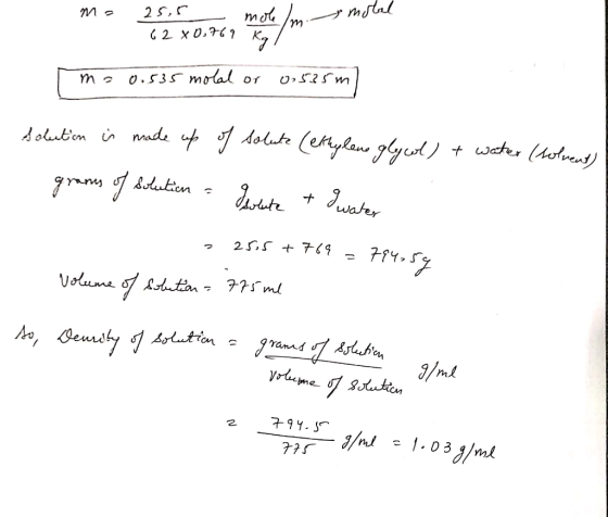 mo 25, mere mo 2.2 80.ven mosle m-s molin 62 x 0.3 ma 0.535 molal or 0.535m solution is made up of solute (ethylene glycol) +