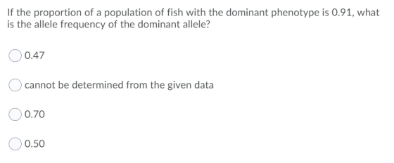If the proportion of a population of fish with the dominant phenotype is 0.91, what is the allele frequency of the dominant a