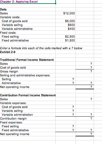 Chapter 2: Applying Excel Data Sales $12,000 Variable costs: Cost of goods sold Variable selling $6,000 $600 $400 Variable ad