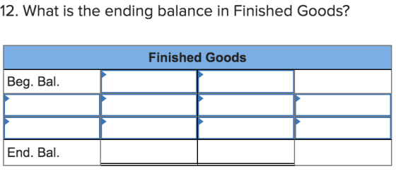12. What is the ending balance in Finished Goods? Finished Goods Beg. Bal. End. Bal.