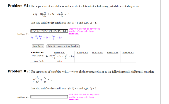 Problem #4: Use separation of variables to find a product solution to the following partial differential equation, Ou (5y + 8