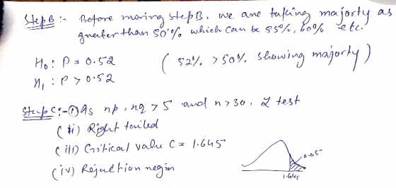 Step B - Before moving step B, we are taking majorty as - greater than 50% which can be 55%, 20% etc. Ho: P = 0.52 ( 52% > 50