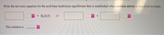 Write the net ionic equation for the acid-base hydrolysis equilibrium that is established when sodium nitrite is dissolved in