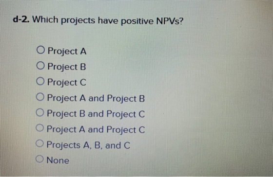 d-2. Which projects have positive NPVS? O Project A O Project B O Project C O Project A and Project B O Project B and Project