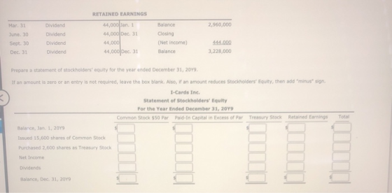 2,960,000 Mar. 31 June 30 Sept. 30 Dec. 31 Dividend Dividend Dividend Dividend RETAINED EARNINGS 44,000 Jan 1 44,000 Dec. 31