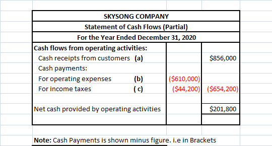SKYSONG COMPANY Statement of Cash Flows (Partial) For the Year Ended December 31, 2020 Cash flows from operating activities: