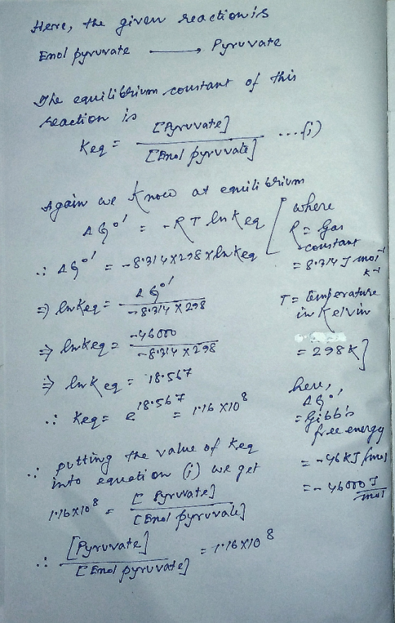 Here, the given reaction is Emol Pyruvate provare the equilibriven constant of this and reaction is Req - provate Canol pyruv