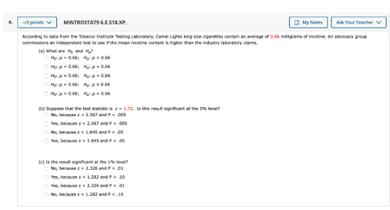 -/3 points V MINTROSTAT9 6.E.518.XP. Q My Notes My Notes Ask Your Teacher » Ask Your Teacher According to data from the Tobac