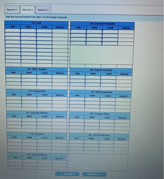 Required 1 Required 2 Required Post the journal entries from part 1 to the ledger accounts 10H: Ench Credit Dato 108. Account
