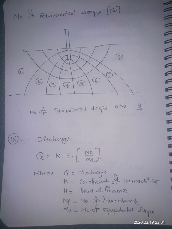 I No. of Equipotential doops. [nd] : No. of Equipotential daops are & (16). Dischange. Q = K.H. ( N. Where Q = discharge k =