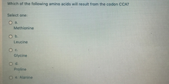 Which of the following amino acids will result from the codon CCA? Select one: Оа. Methionine O b. Leucine c. Glycine d. Prol