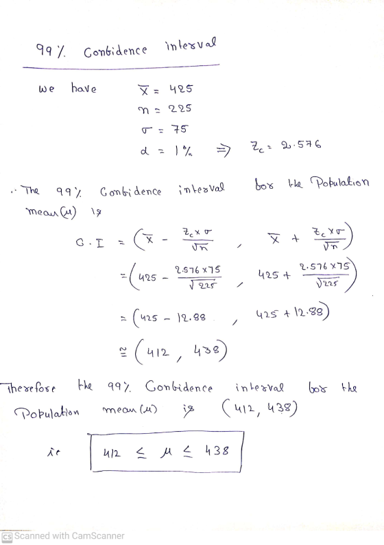 997 Confidence interval we have X = 425 n = 225 T = 75 da1% Za 2.576 interval for the population The ११). Confidence mean (4)
