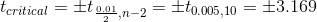 t_{critical} = \pm t_{\frac{0.01}{2},n-2}=\pm t_{0.005,10} = \pm 3.169