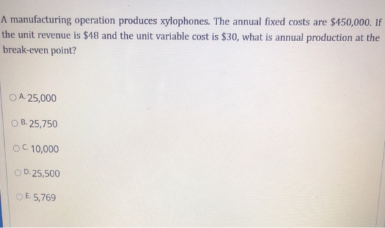 A manufacturing operation produces xylophones. The annual fixed costs are $450,000. If the unit revenue is $48 and the unit v