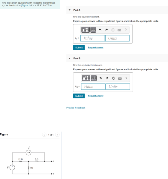 Find the Norton equivalent with respect to the terminals ab for the circuit in (Figure 1) if u = 12 V, i = 7.5 A. Part A Find