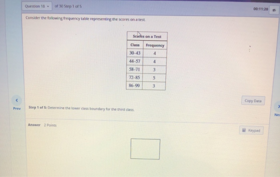 Question 18 - of 30 Step 1 of 5 00:11:20 + Consider the following frequency table representing the scores on a test. Scutes o