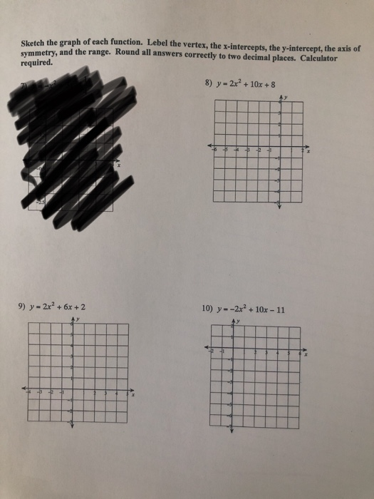 Sketch the graph of each function. Lebel the vertex, the x-intercepts, the y-intercept, the axis of symmetry, and the range.