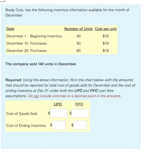 Brady Corp. has the following inventory information available for the month of December: Number of Units Cost per unit 40 $15