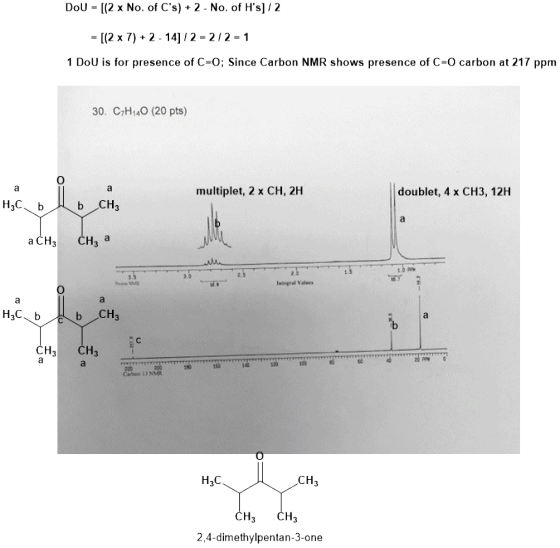 DoU = (2 x No. of Cs) + 2 - No, of Hs] 1 2 - (2 x 7) + 2 - 14] 12 - 212-1 1 DoU is for presence of C-O; Since Carbon NMR sh