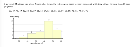A survey of 23 retirees was taken. Among other things, the retirees were asked to report the age at which they retired. Here