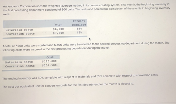 Annenbaum Corporation uses the weighted average method in its process costing system. This month, the beginning inventory in