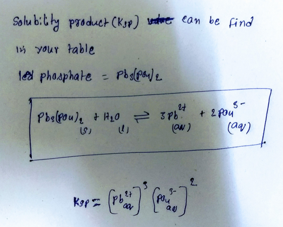 Solubility product (Ksp) at can be find in your table led phosphate - pog[poule S- Pb3(pou), + A₂0 s & 3pbut + 2 pour Law) (a