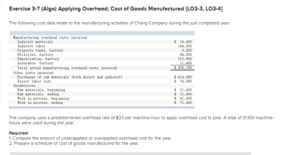 Exercise 3-7 (Algo) Applying Overhead; Cost of Goods Manufactured [LO3-3, LO3-4] The following cost data relate to the manufa