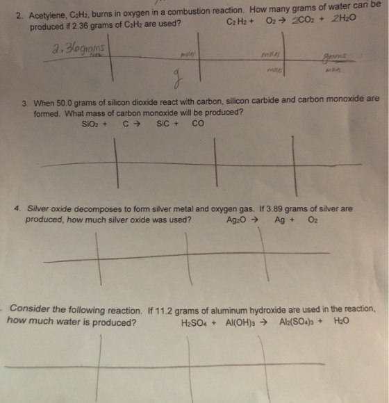 2. Acetylene, C2H2, burns in oxygen in a combustion reaction. How many grams of water can be produced if 2.36 grams of C2H2 a