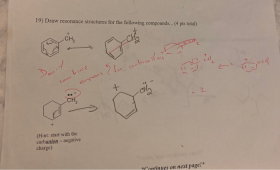 19) Draw resonance structures for the following compounds... (4 pts total) combine -cü (Hint: start with the carbanion - nega