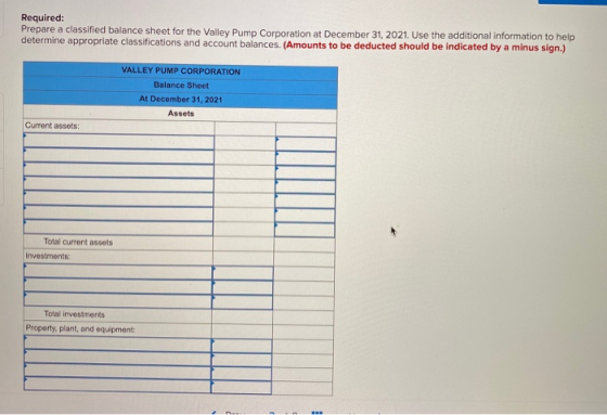 Required: Prepare a classified balance sheet for the Valley Pump Corporation at December 31, 2021. Use the additional informa