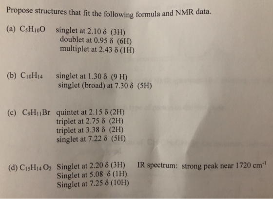 Propose structures that fit the following formula and NMR data. (a) C3H100 singlet at 2.10 8 (3H) doublet at 0.958 (6H) multi