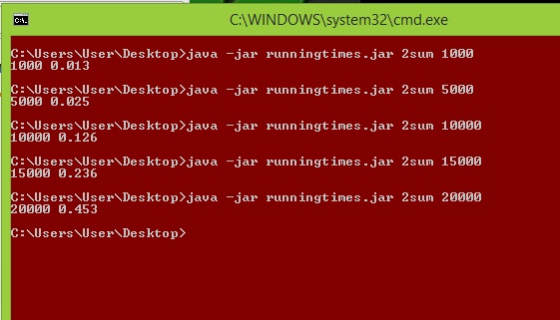 C:AWINDoWS system32\cmd.exe UsersUser Desktop>java -jar runningtimes-jar 2sum 1000 Users User Desktop java -jar Users User De