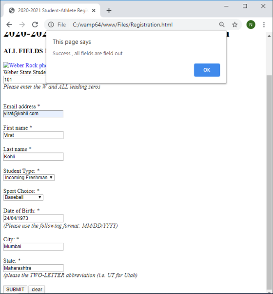 2020-2021 Student-Athlete Regis x + - 0 X + + c 2020-202 File C:/wamp64/www/Files/Registration.html Q Ă N This page says ALL