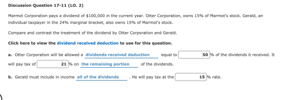 Discussion Question 17-11 (LO. 2) Marmot Corporation pays a dividend of $100,000 in the current year. Otter Corporation, owns