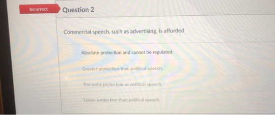 Incorrect Question 2 Commercial speech, such as advertising, is afforded Absolute protection and cannot be regulated. Greater protection than political speech The same protection as political speech Lesser protection than political speech