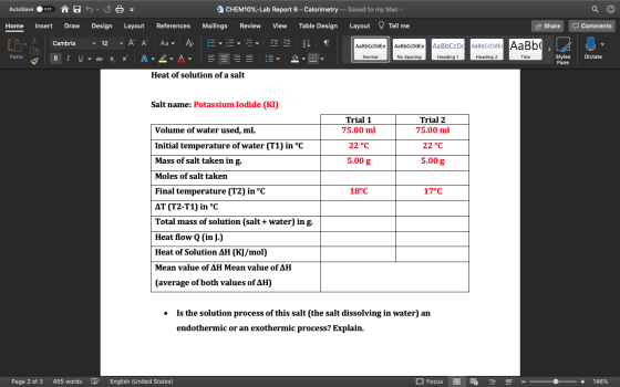 AutoSave OFF Aos 50 CHEM101L-Lab Report 6 - Calorimetry - Saved to my Macy Home Layout Tell me Share Comments Insert Draw Des