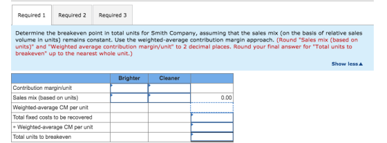 Required 1 Required 2 Required 3 Determine the breakeven point in total units for Smith Company, assuming that the sales mix