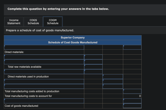 Complete this question by entering your answers in the tabs below. Income Statement COGS Schedule COGM Schedule Prepare a sch