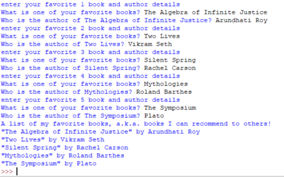 enter your favorite 1 book and author details What is one of your favorite books? The Algebra of Infinite Justice Who is the