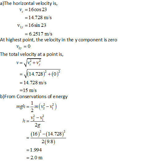 a)The horizontal velocity is, v 16cos 23 14.728 m/s Viy -16sin 23 6.2517 m/s At highest point, the velocity in the y componen
