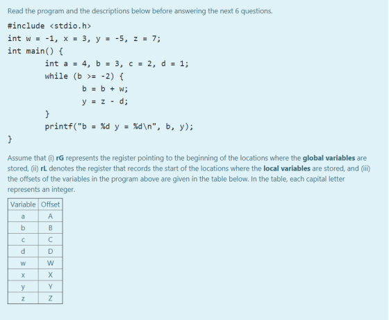 Read the program and the descriptions below before answering the next 6 questions. #include <stdio.h> int w = -1, x = 3, y =