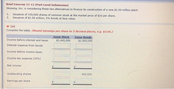 Brief Exercise 11-13 (Part Level Submission) Skysong, Inc. is considering these two alternatives to finance its construction