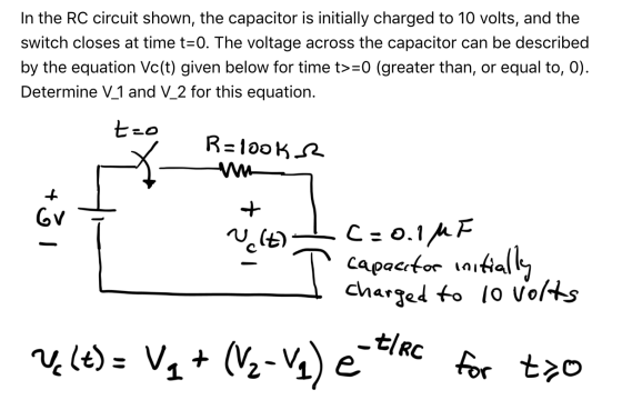 In the RC circuit shown, the capacitor is initially charged to 10 volts, and the switch closes at time t-0. The voltage acros