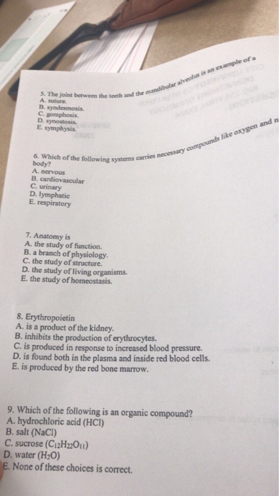 of S. The joint between the teeth and the A. suture C. gomphosis D synostosis. E. symphysis. like 6. Which of the following systems body? A. nervous B. cardiovascular C. urinary D. lymphatic E. respiratory carries necessary 7. Anatomy is A. the study of function. B. a branch of physiology C. the study of structure. D. the study of living organisms E. the study of homeostasis 8. Erythropoietin A. is a product of the kidney B. inhibits the production of erythrocytes. C. is produced in response to increased blood pressure. D. is found both in the plasma and inside red blood cells E. is produced by the red bone marrow. 9. Which of the following is an organic compound? A. hydrochloric acid (HCI B. salt (NaCI) C. sucrose (C12H20) D. water (H20) None of these choices is correct